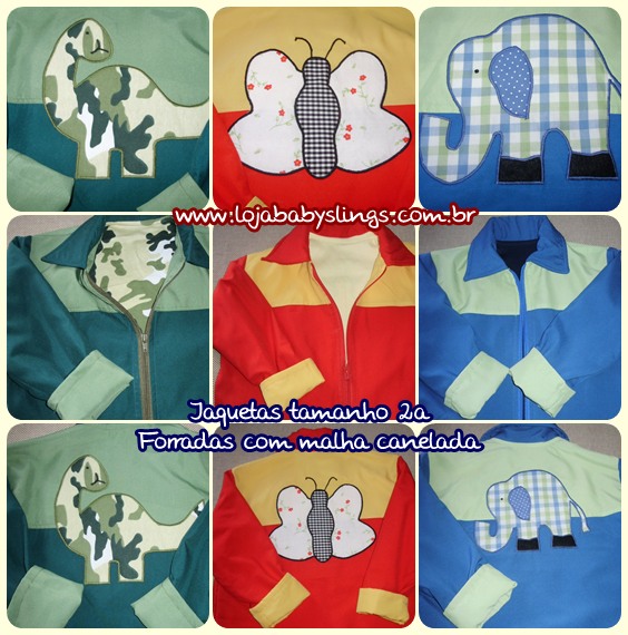 Jaquetas em seletel customizadas, com bichos bordados aplicados! www.lojababyslings.com.br